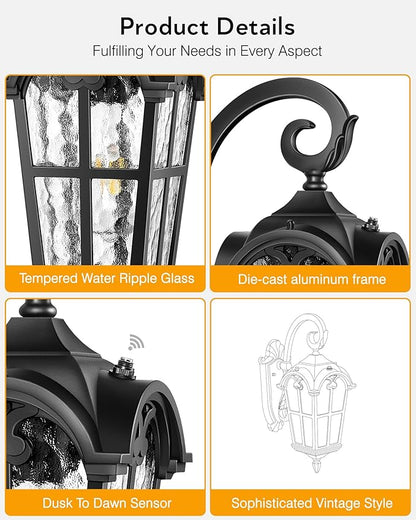 VIANIS Outside Lights for House, Dawn to Dusk Light Fixture, Black Classic Wall Lantern Fixture with Water Ripple Glass, 100% Aluminum Outdoor Sconce Lights Wall Mount, Coach Light for Garage Porch