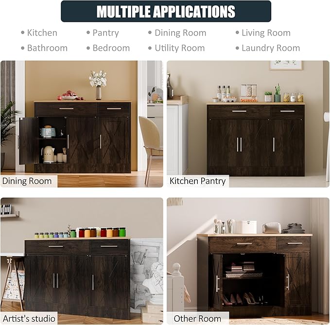 Buffet Cabinet with Drawers, Wooden Storage with 3 Doors and 2 Drawers, Adjustable Shelf, Modern Farmhouse Coffee Bar Cabinet with Storage for Kitchen/Laundry/Living Room, Brown