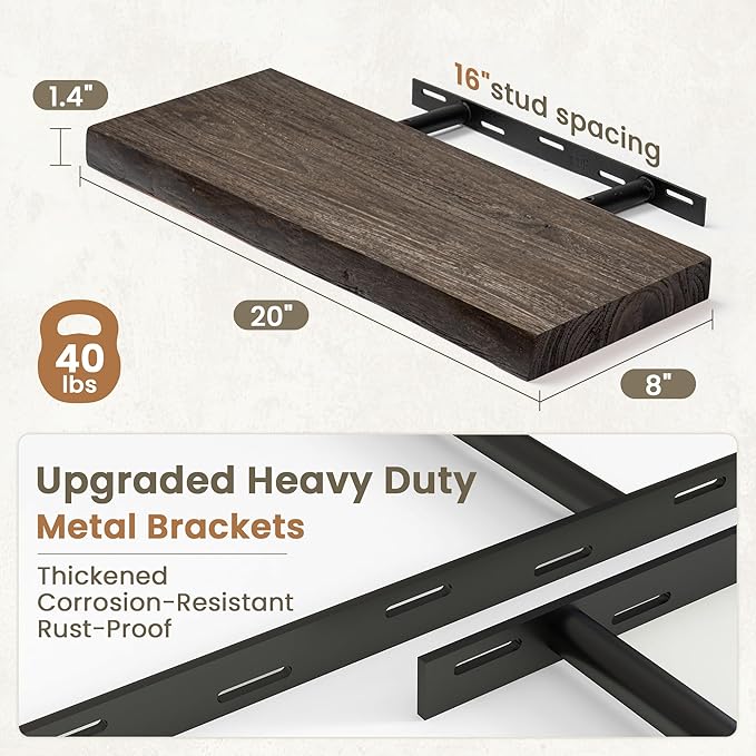 Fun Memories Floating Shelves for Wall Decor Set of 2-20 Inch Solid Elm Wood Live Edge - Rustic Walnut Wall Shelves with Invisible Brackets - for Living Room, Bedroom, Kitchen - Walnut Finish