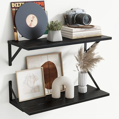 Acovy Floating Shelves for Wall Decor,24" Wx8 D Wall Mount Floating Bookshelf Set of 2,Hanging Storage Shelf with Sturdy Metal Brackets,Wooden Shelf for Living Room,Bedroom,Bathroom,Black