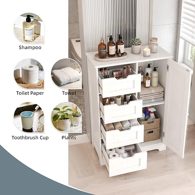 Casaphoria Bathroom Storage Cabinet with Drawers, Freestanding Floor Cabinet with Door and Adjustable Shelf, 4-Drawer Sideboard for Bathroom, Living Room, Kitchen, White