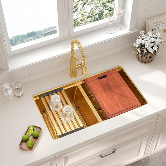 LQS 31 Inch Gold Kitchen Sink, 31x18 Undermount Kitchen Sink, 16 Gauge Stainless Steel Double Bowl, R10 Round Corner for Easy Cleaning, Sleek Style Fit for Any Kitchen Countertop