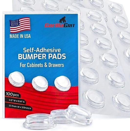 Pack of 100 Cabinet Door Bumpers - 1/2” Diameter Clear Adhesive Pads for Drawers, Glass Tops, Cutting Boards, Picture Frames, Small Furniture
