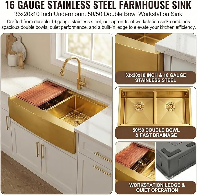 MILOSEN Gold Farmhouse Kitchen Sink, 33x20x10 Inch 50/50 Double Bowl Apron Front Undermount Sink, Gold Stainless Steel Workstation Farm Sinks with Ledge & Accessories, 10'' Deep Handmade Kitchen Sinks