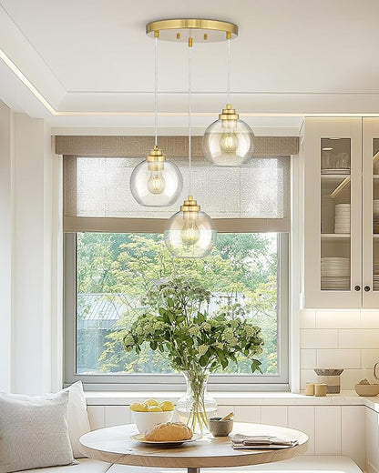 Gold Cluster Pendant Light, 3-Light Globe Hanging Light Fixture, Kitchen Island Lighting with Clear Glass for Dining Room Living Room Laundry Entrance Foyer, ZCPL101BG-3C