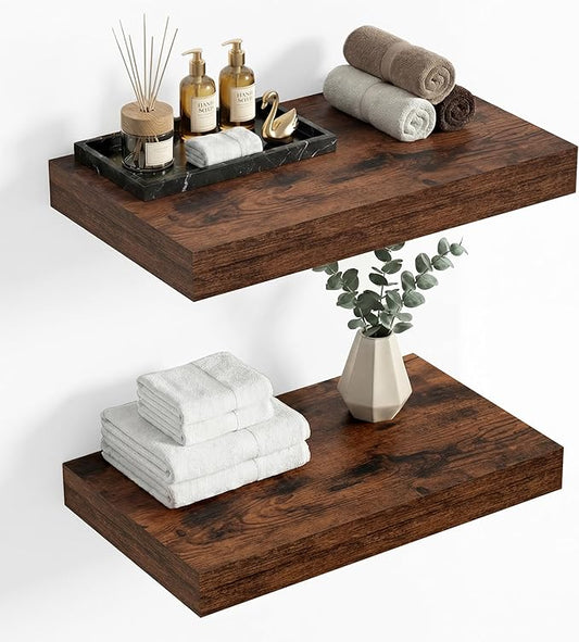 Heimlove 12 Inch Deep Floating Shelves, 16 x 12 inches Long Wall Shelf, Large Extra Display Shelf & Storage Shelf, Rustic Wood Wall Shelves for Fireplace Mantel, Brown - 2Pack