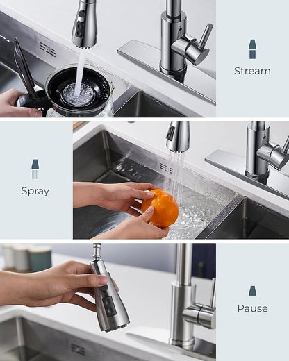 FORIOUS Kitchen Faucets with Soap Dispenser and Pull Down Sprayer, Chrome, Bar High Arc Single Handle Classic 3 Modes Stainless Steel Faucet for Kitchen Sink Farmhouse RV Laundry Camper