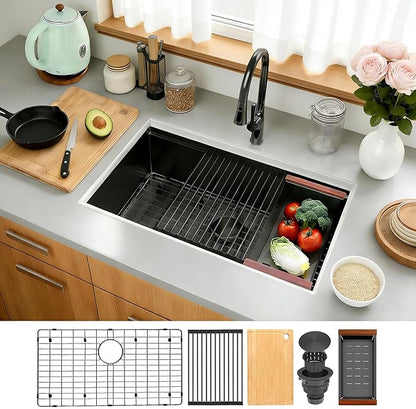 Kitsitchen Black Undermount Kitchen Sink,16 Gauge T-304S Stainless Steel Workstation Sink,33“ x 19"x 9" Large and Deep Single Bowl Kithchen Sink with Practical Accessories