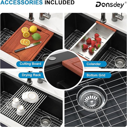 33 Inch Black Undermount Granite Composite Kitchen Sink- Under Counter Quartz Double Bowl Workstation Sinks with Accessories Quick Drain Noise Reduction Classic Style