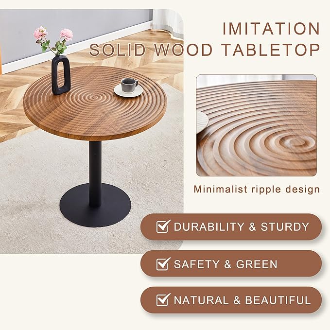 Round Dining Table Set with 2 Light Gray PU Chairs, 31.5 Inch Dark Wood Grain Table with Suction Molding Annular Texture and Vertical Stripe Design, Versatile for Home and Office Use