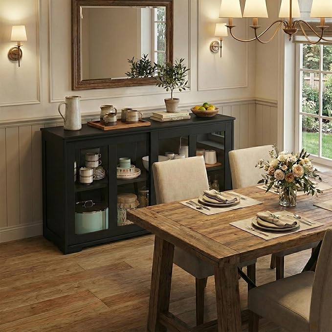 NAFORT Wooden Buffet Cabinet Sideboard with Sliding Doors, Kitchen Storage Console Table, Accent Coffee Bar with Adjustable Shelf for Living Room, Dining Room (Black, 13" D x 42" W x 24.5" H)