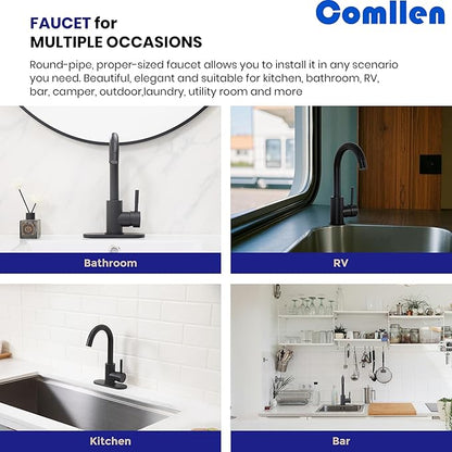 Comllen Matte Black Bar Faucets, Black Bathroom Faucet 1 Hole, 360° Swivel, Small Single Handle Bar Sink Faucet with Deck Plate for Bathroom Bar Kitchen RV Camper Outdoor Laundry Vanity Lavatory
