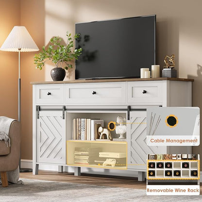 CABIHOME Farmhouse 59'' Buffet Cabinet with Sliding Barn Door, 33.4'' Tall Wood Rustic Sideboard with 3 Drawer, Adjustable Shelf and Removable Wine Rack for Dining Room, Kitchen, Living Room, White
