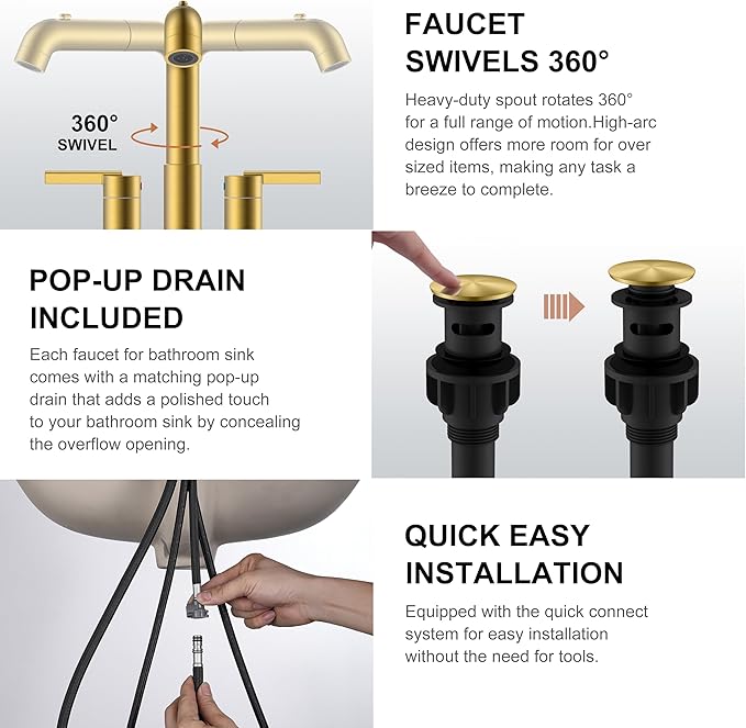 KENES Pull Down Bathroom Faucet with Sprayer, Brushed Gold 4 Inch 2 Handle Centerset Bathroom Faucet 3 Hole with Pull Out Sprayer, Vanity Faucet with Pop Up Drain & Supply Lines LJ-9059A-4