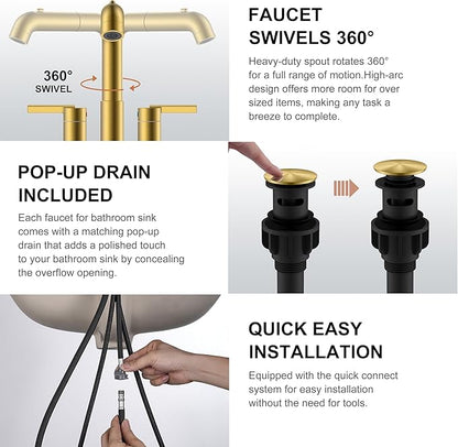 KENES Pull Down Bathroom Faucet with Sprayer, Brushed Gold 4 Inch 2 Handle Centerset Bathroom Faucet 3 Hole with Pull Out Sprayer, Vanity Faucet with Pop Up Drain & Supply Lines LJ-9059A-4