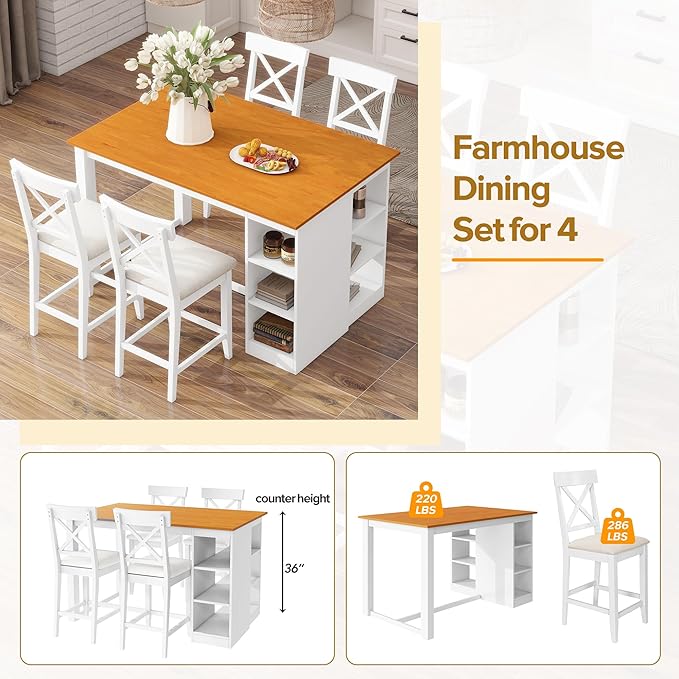 Farmhouse 5-Piece Counter Height Dining Table Set, 2-Tone Rectangular Dining Table with 3-Tier Storage Shelves and Upholstered Dining Chairs, Solid Wood Kitchen Dining Room Set for 4 (Natural/White)