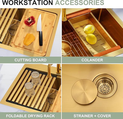 Gold Drop In Kitchen Sink, 28 Inch 16 Gauge Stainless Steel Gold Sink, Topmount Workstation Sink, Single Bowl Kitchen Sink With Full Accessories, 28"x22"x9" Drop In Sink