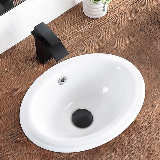 Bathroom Vessel Sink 16'' x 12'' Semi Recessed Bathroom Sink Oval Drop In Sink with Overflow White Ceramic Modern Vessel Sinks for Bathroom