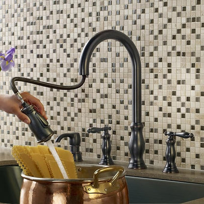 Pfister Hanover Kitchen Sink Faucet with Pull Down Sprayer and Soap Dispenser, 2-Handle High Arc Design, 4-Hole Installation, Tuscan Bronze Finish for Kitchen Sink F5314HNY