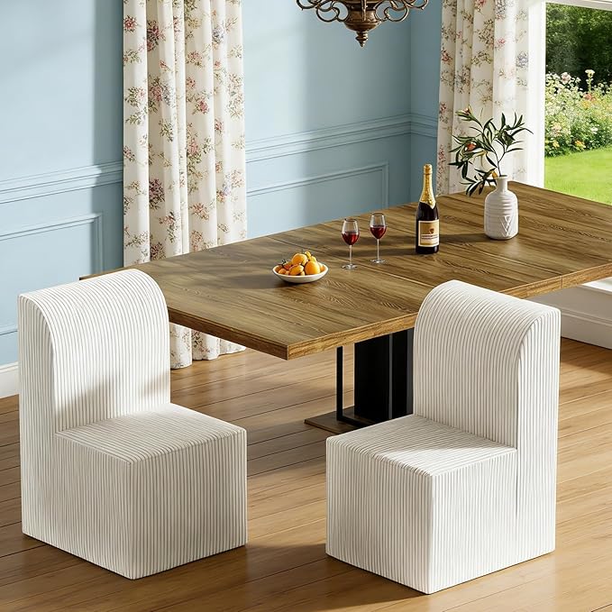 Modern Corduroy Upholstered Armless Dining Chair Set of 2, Comfortable Dining Room Chair Side Leisure Chairs with Mid Back for Dining Room Kitchen Bedroom Reading Room, No Assemble, Beige