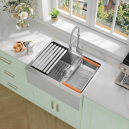 Rhbamoa 26 Inch Stainless Steel Farmhouse Sink,16-Gauge T304 Stainless Steel Drop in Kitchen Sinks,Small Single Bowl Apron Front Farm Sink,10 Inch Depth Topmount Workstation Sinks with All Accessories