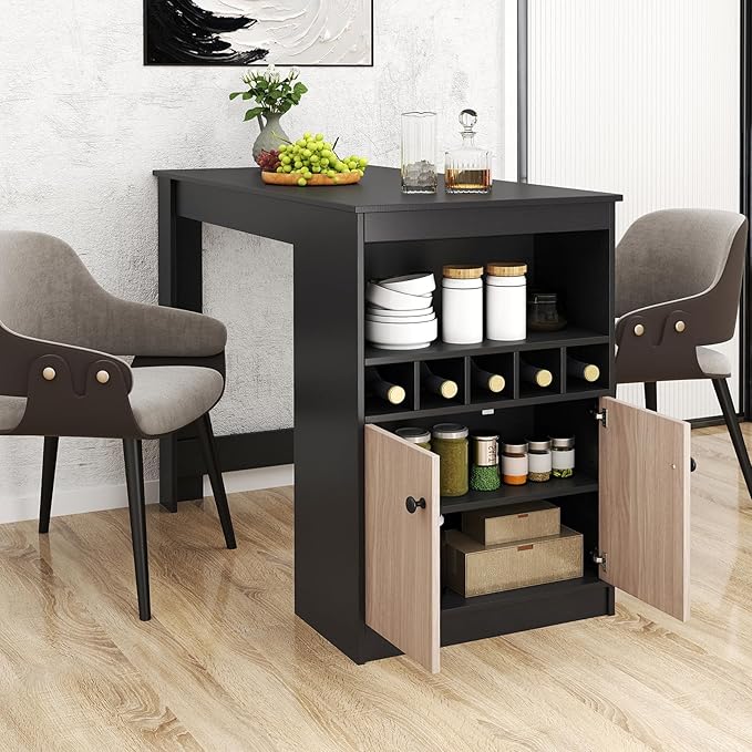 Giantex 48" Dining Table, Counter Height Bar Table with Storage Cabinet, Wine Rack, Compartment & Adjustable Shelf, Modern Bistro Tables for Home, Coffee Shop, Kitchen, Pub, Black & Gray