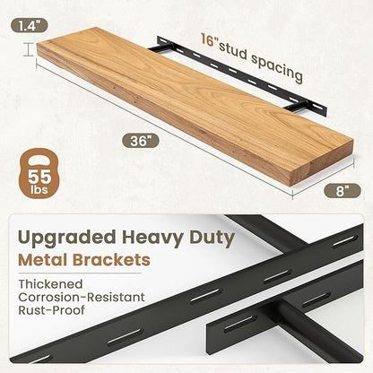 Fun Memories Solid Elm Wood Floating Shelves Set of 2-36 Inch Rustic Wall Shelves with Heavy-Duty Invisible Brackets - for Living Room, Kitchen, Bedroom, Bathroom - Natural Finish