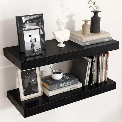 Venusmiles Floating Shelves for Wall, Engineered Wood Wall Shelves with Invisible Brackets for Living Room Bedroom Bathroom Office Kitchen Decor and Storage (Black, 24" W x 9" D x 1.5" H) Set of 2