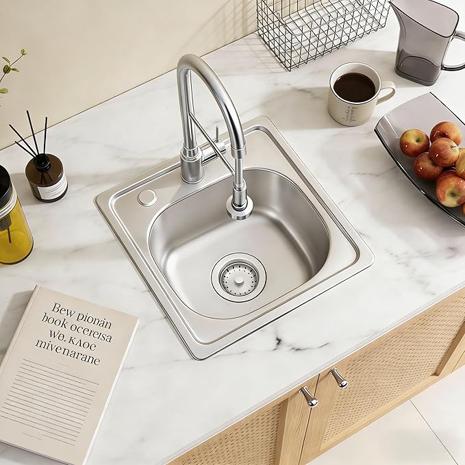 MILOSEN 15 x 15 inch Drop in Bar Sink, T304 Stainless Steel RV Kitchen Sinks, 8'' Deep Outdoor Single Bowl Wet Bar&Prep Small Topmount RV Sinks with Strainer, Brushed Nickel