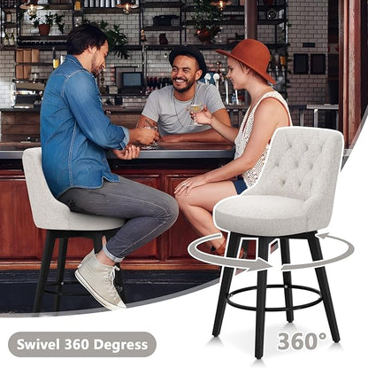 Vipbear Swivel Bar Stools Set of 2, Updated Thickened Upholstered Fabric Counter Height Barstools with Backs, Solid Wood Legs, 26" Modern Bar Height Stools for Kitchen Island, Dining Room, Dark Beige