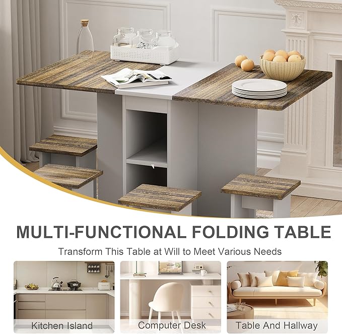 Folding Dining Table with Wheels, Wood Folding End Table with Wheels, Dining Table with Storage Rack and Drawers (Brown+Gray, 55.12)
