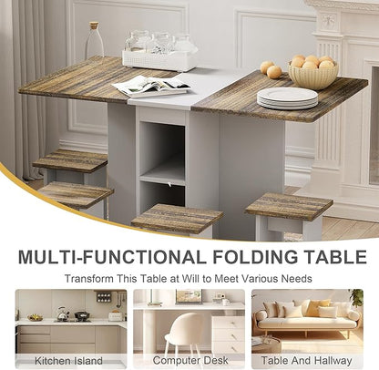 Folding Dining Table with Wheels, Wood Folding End Table with Wheels, Dining Table with Storage Rack and Drawers (Brown+Gray, 55.12)