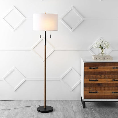 JONATHAN Y 61" Brown Wood/Black 2-Light Iron Candlestick LED Floor Lamp, Rustic Farmhouse Standing Lamp with Dual Pull Chains, White Linen Shade, LED Bulbs Included JYL1141A