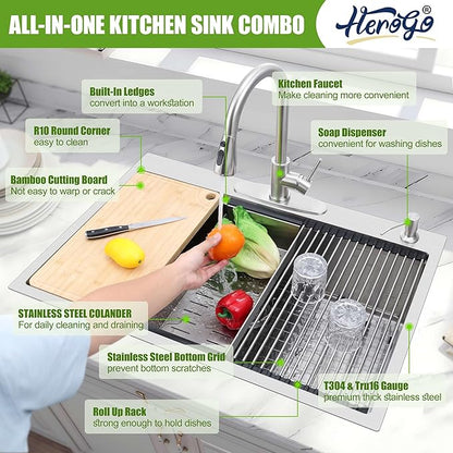Herogo 33x22Inch Drop In Kitchen Sink, 18/10 Stainless Steel Topmount Handmade 10'' Deep Single Bowl Kitchen Workstaion Sink with 5 Accessories