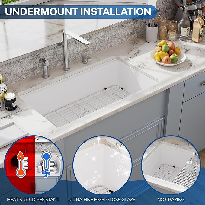33 White Farmhouse Sink Reversible Workstation, Hugsleek Undermount Farm Kitchen Sink 33x20 inch Apron Front White Porcelain Ceramic Fireclay Sinks Single Bowl Under Counter Farmer Basin Accessories