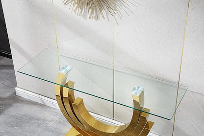 Modern Glass Console Table, 55" Entryway Sofa Table with Gold Stainless Steel Frame and Clear Tempered Glass Top, Rectangular Console Table Accent Entryway Table for Living Room