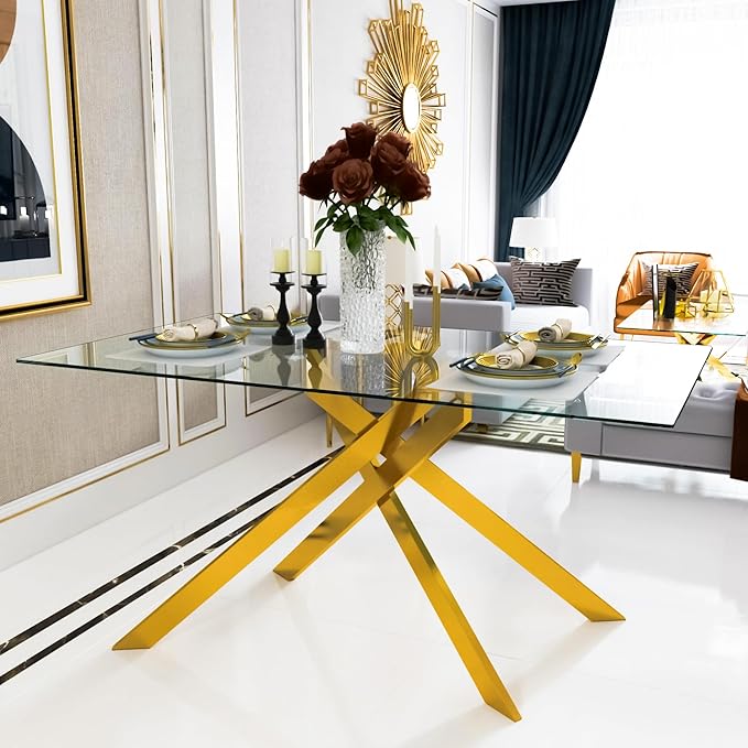 Rectangular Glass Dining Table, Tempered Glass Tabletop and Metal Legs, Modern Style Glass Kitchen Table for Home, Kitchen, Dining Room (Gold, 52'')
