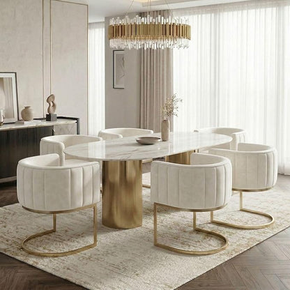 Hyfirm Beige and Gold Barrel Dining Chairs Set of 6, Modern Velvet Upholstered Accent Chairs with Curved Back for Kitchen Island, Luxury Comfort Seating Cantilever Metal Frame