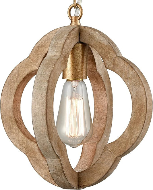 SAMTEEN Farmhouse Wood Pendant Lights Kitchen Island, Vintage Wooden Pendant Lighting Rustic 1-Light Wood Hanging Ceiling Light Fixture for Hallway Bedroom Entrance, Adjustable Chain