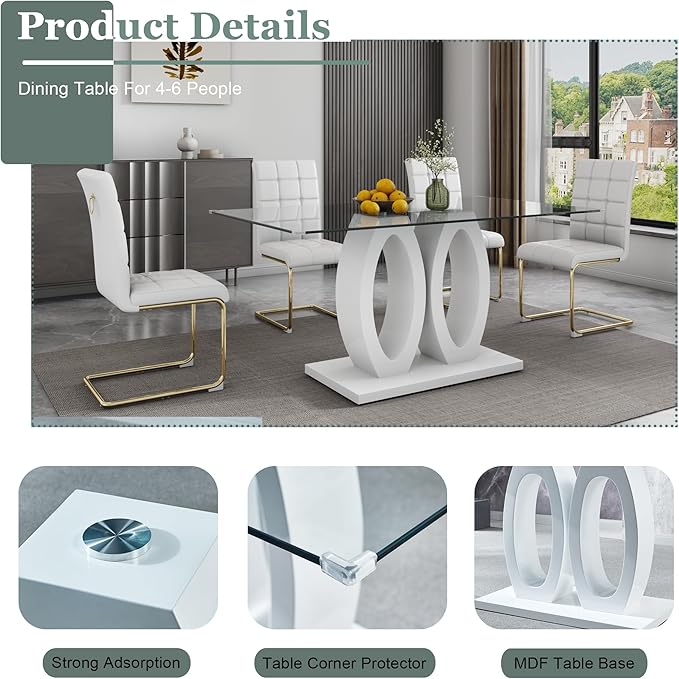 63" Glass Dining Table, Rectangular Kitchen Table with Tempered Glass Tabletop and White O-Shaped MDF Base, Modern Dining Room Table for Kithchen, Living Room