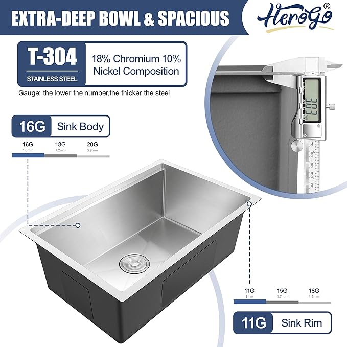 27x18Inch Undermount Kitchen Sink, Herogo Stainless Steel Single Bowl Handmade 16 Gauge 10'' Deep Kitchen Workstaion Sink Basin with Accessories