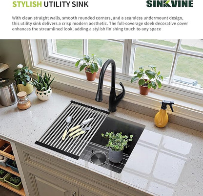 24-inch Undermount Laundry Utility Sink - SINKVINE 24x18x12 Extra Deep Black Stainless Steel Single Bowl Basin with Drain Strainer, Bottom Grid & Drying Unit for Laundry Room, Outdoor, Kitchen Use