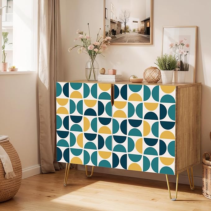 SIGNWIN Sideboard Buffet Cabinet, Kitchen Storage Cabinet with 2 Doors, Yellow & Blue Retro Polygon Pattern, Cupboard Console Table for Dining Room - 35" L x 18" W x 29" H