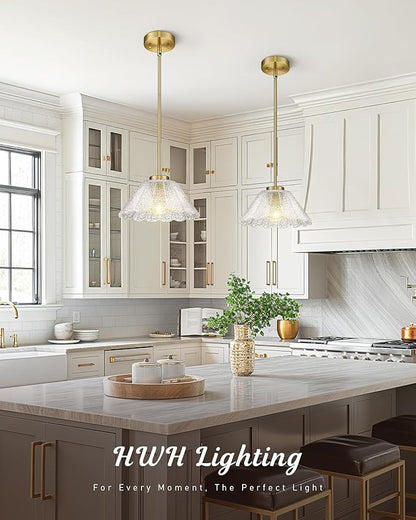 Modern Pendant Light Fixtures, HWH Pendant Lights for Island Dining Room Hallway, Bedroom, Gold Hanging Lighting with Clear Floral Glass, Brushed Gold Finish, 5HJX110MIL BG