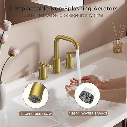 FORIOUS Bathroom Faucet 3 Hole Brushed Gold, 2 Handles 8 Inch Widespread Bathroom Sink Faucets, 360° Swivel Spout, with Pop Up Drain and Hoses, for Vanity Restroom RV Lavatory