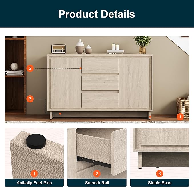 RoyalCraft Buffet Cabinet with Storage, Coffee Bar Cabinet with 3 Drawers and 2 Doors, Framed Edge Design, Modern Sideboard for Kitchen, Living Room and Dining Room, Beige