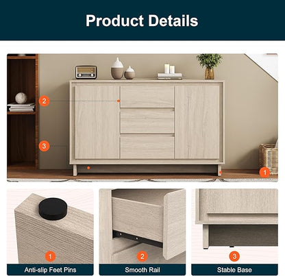RoyalCraft Buffet Cabinet with Storage, Coffee Bar Cabinet with 3 Drawers and 2 Doors, Framed Edge Design, Modern Sideboard for Kitchen, Living Room and Dining Room, Beige