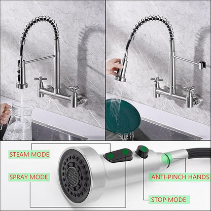 Wall Mount Faucet 8 Inch Center, with Pull Down Sprayer, Commercial Mixer Tap, High Arc Dual Handle Spring Kitchen Sink Faucets