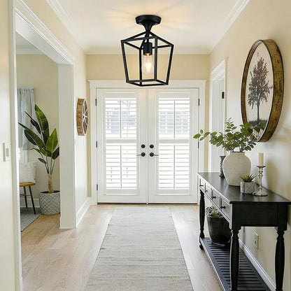 【Upgraded】Semi Flush Mount Ceiling Light, Black Industrial Ceiling Light Fixtures, Farmhouse Light Fixture for Hallway Stairway Garage Living Room Dining Room Balcony（Not waterproof, Not for Outdoor）