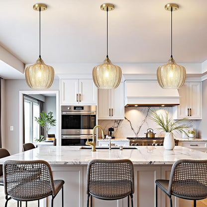 Modern Gold Pendant Light, Amber Glass Farmhouse Kitchen Island Pendant Light Fixture Adjustable Vintage Hanging Ceiling Light for Dining Room Corridor 9.45 inch 1 Pack, UL Certification